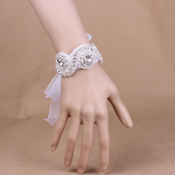 Wedding Bridal Bridesmaid Wrist Flower Band Decorative Rhinestone Wristband (White)