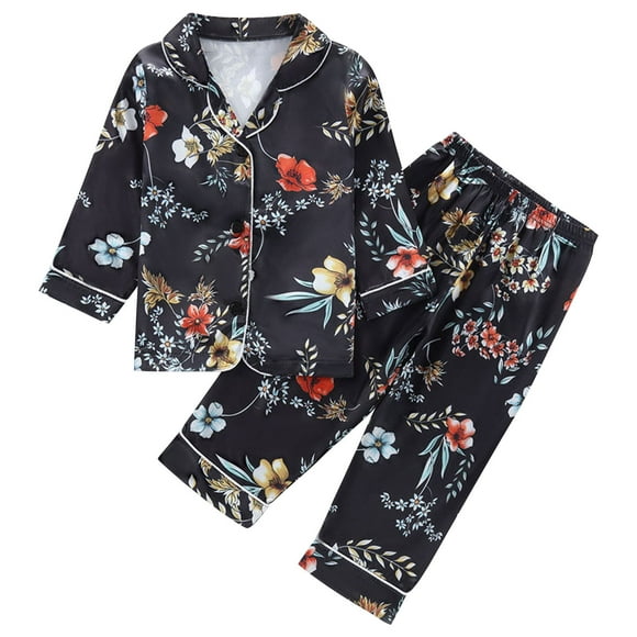 Odeerbi 1-8 Años Niños Niñas Pijamas de Raso Solapa de Muesca Camisa de Manga Larga Conjunto de Dos Piezas de Pijama Suave Estampado Floral