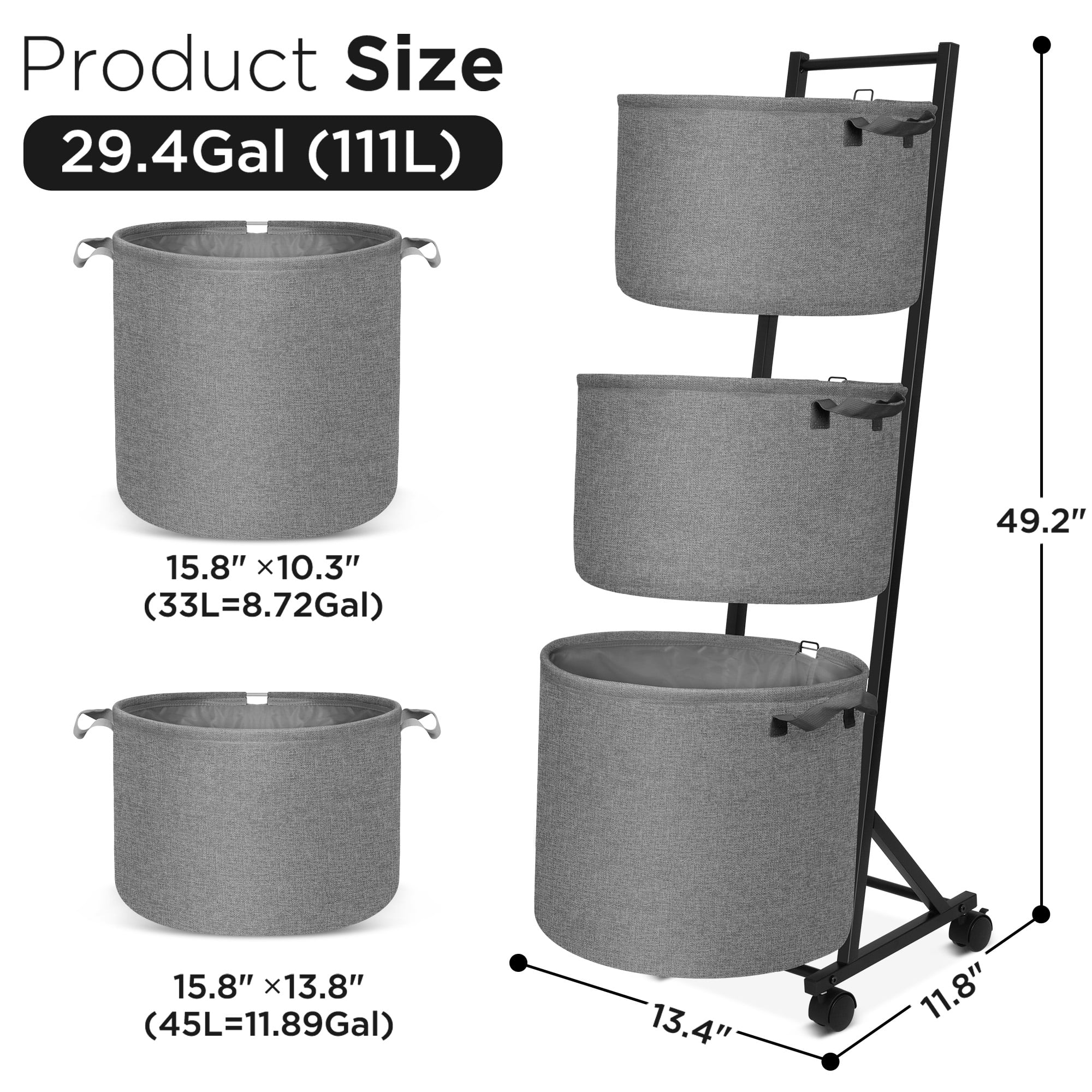 YOUPINS 3-Tier Laundry Hamper Sorter,Laundry Storage Organizer with Wheels Removable Rolling Laundry Baskets for Home,Bathroom,Dorm Laundry Room,Gray