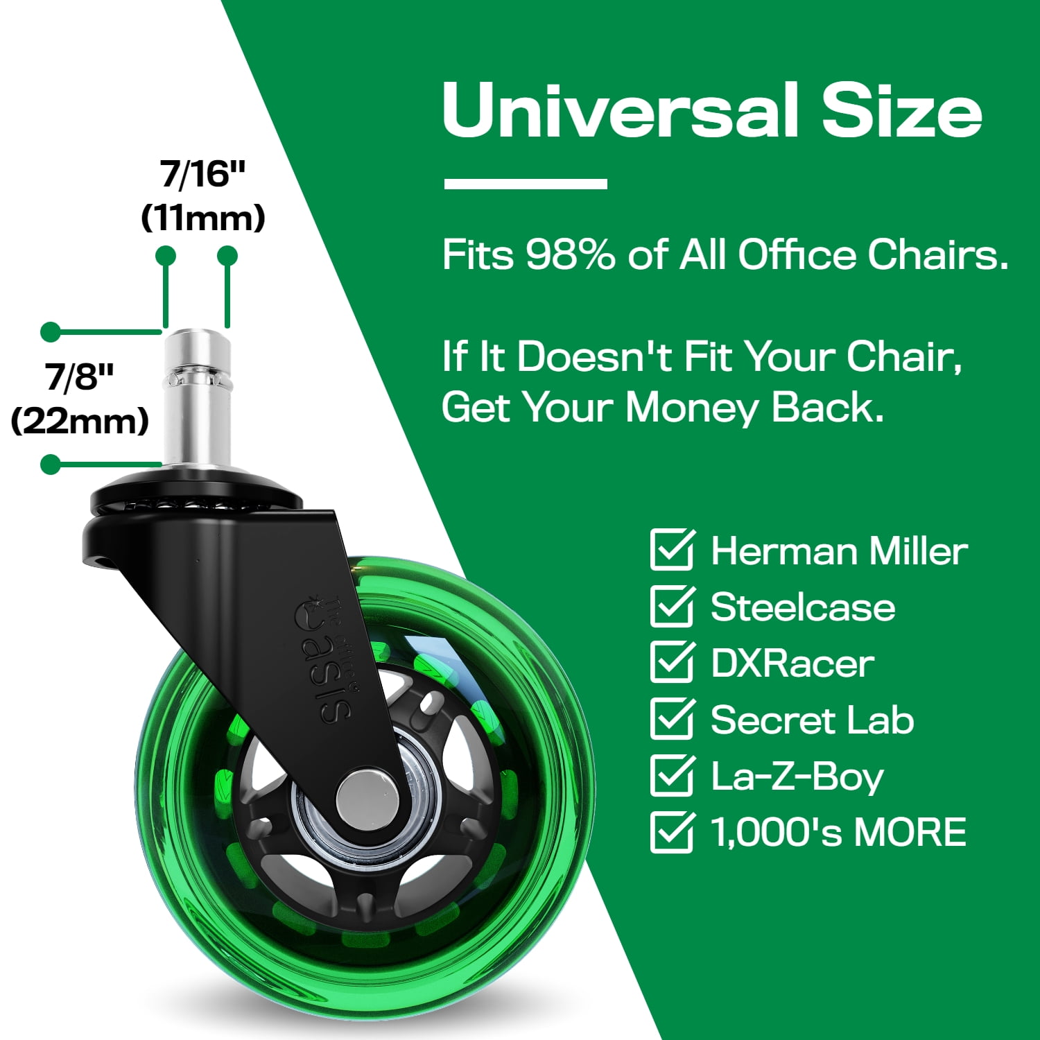 The Office Oasis Original Rollerblade Office Chair Wheels (As Seen On PBS) - Set of 5 - Green