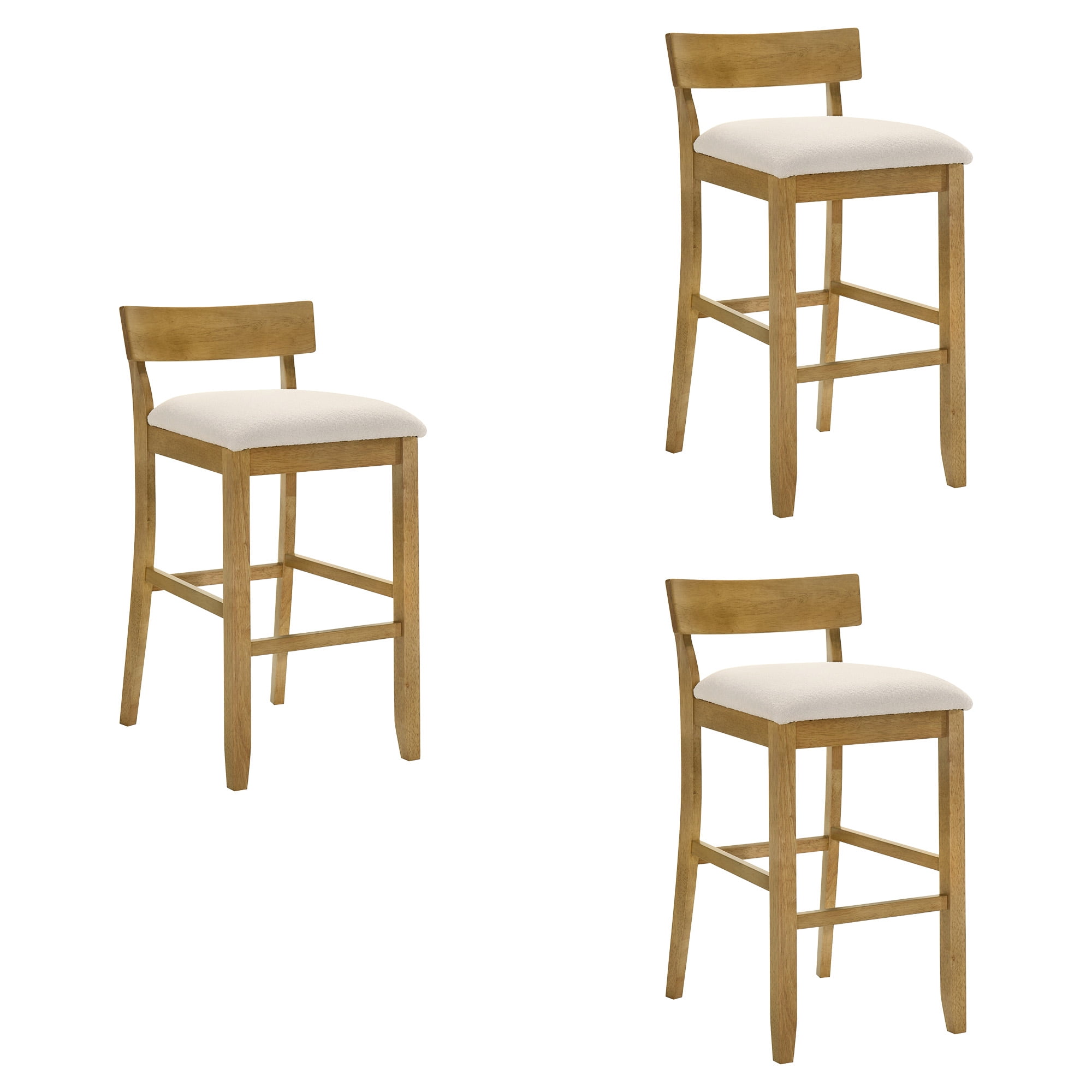 Merie Modern Transitional Wood Bar Height Kitchen Bar Stool in Amber Glow Finish with White Boucle Fabric Upholstered Seat - Set of 3