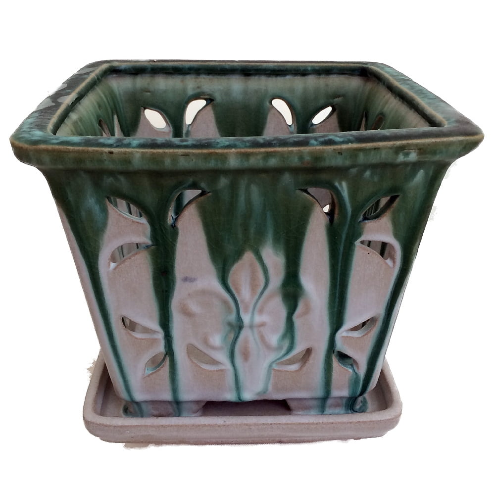 Spring Glazed Ceramic Orchid Pot/Saucer Green on Creme 5 1/2" x 5 1