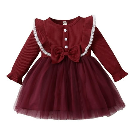

Aompmsdx Toddler Girls Autumn Winter Long Sleeve Bowknot Mesh Tulle Dress Princess Dressparty Dresses