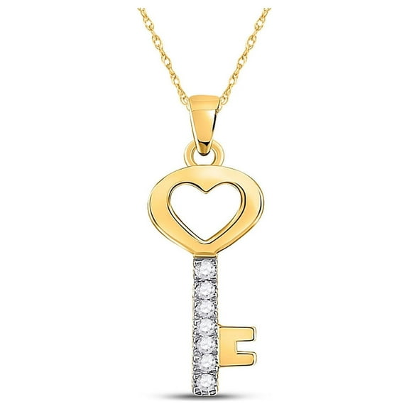 10kt Yellow Gold Womens Round Diamond Key Heart Pendant 1/20 Cttw