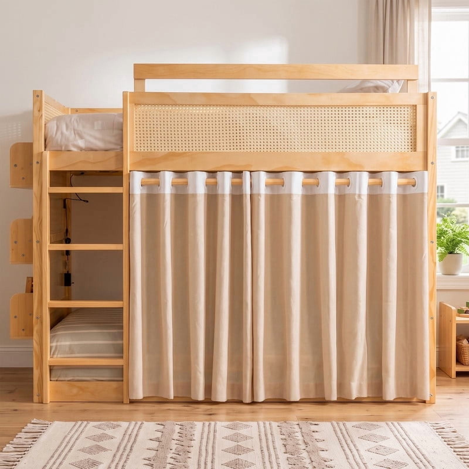 Twin-Over-Twin Bunk Bed with Bedside 3-Tier Storage Bookshelf, Teens/Kids Rattan Guardrail Bed Frame with Curtain & Light