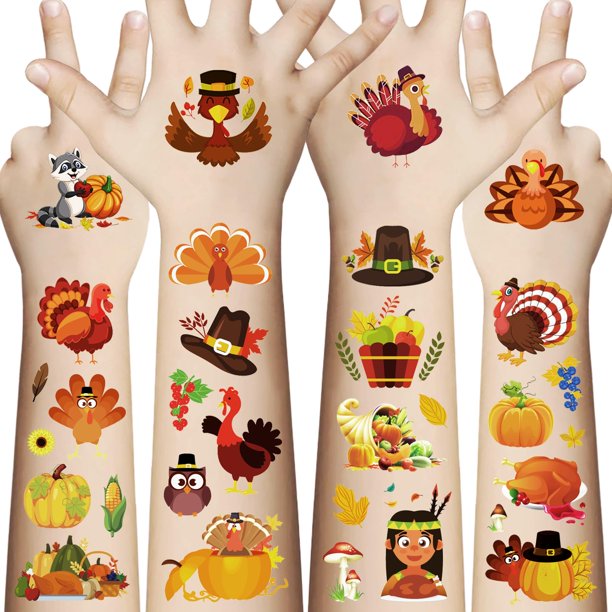 Awinmay Tatuajes Temporales de Acción de Gracias para Niños – 200 PCS Tatuajes Falsos del Día del Pavo para Niños Niñas Cosecha de Otoño Decorar Tatuajes Pegatinas Favor de Fiesta de Acción de Gracias