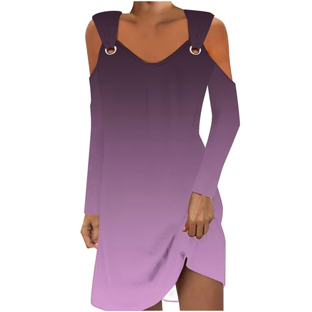 Robes pour Femmes aux Formes Robe à Épaules Dénudées pour Femmes Automne Manches Longues Col en V Ligne A Mini Robe Soleil Tuniques Robes Fluide Robe d'Automne P-29 Violet G