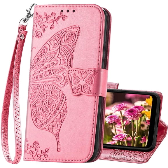 for Moto G Power 2022 Case Wallet,Women Flip Cover with Butterfly Embossed PU Leather Kickstand Credit Card Holder Slots Magnetic Wrist Strap Purse for Motorola Moto G Power (Pink)