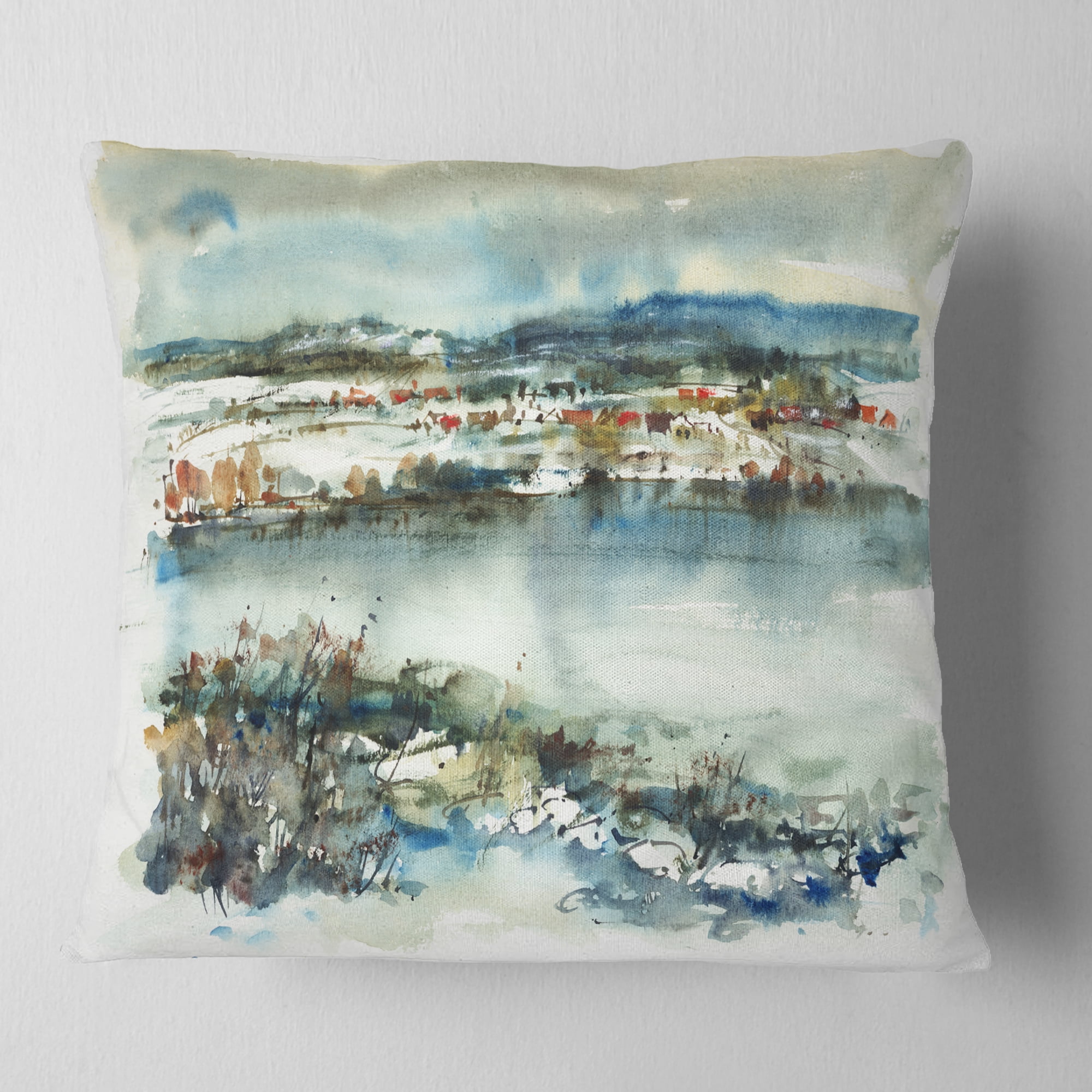 Designart Blue Winter Lake Watercolor - Landscape Painting Throw Pillow - 16x16