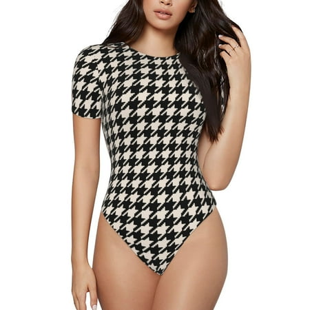 Gaeub Black and white houndstooth Print Women s Short Sleeve One Piece Swimsuit Sexy High-Waisted Bodysuit Bathing Suit for Swimming  Beach  Sports-X-Large