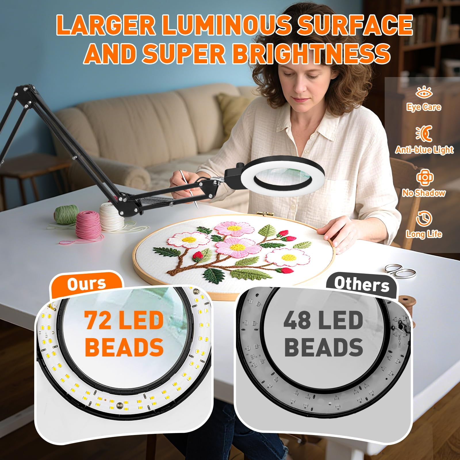 KIRKAS Magnifying Glass with Light and Clamp, Extra-Long Arm Magnifying Lamp Overhead Knob for Workbench Craft Repair Sewing, LED Lighted Magnifier Real Glass Lens Stepless Dimming and Color