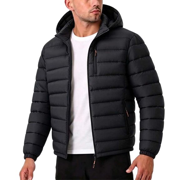 JTSRKL Mens Padded Hooded Puffer Jackets Thicken Fluffy Long Sleeve Full Zip Warm Coat Casual Winter Thermal Ribbed Quilted Outerwear