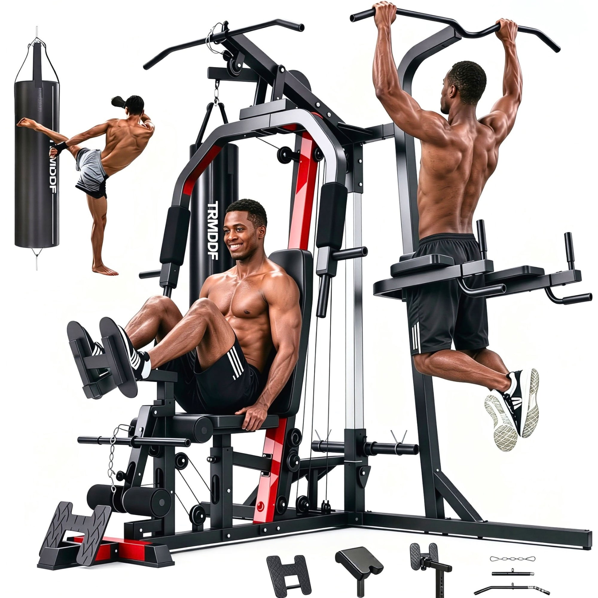LNOW Home Gym Workout Station, Multifunction 7-in-1 Smith Machine with Lat Pull-down & Leg Press, All-in-One Strength Training Equipment