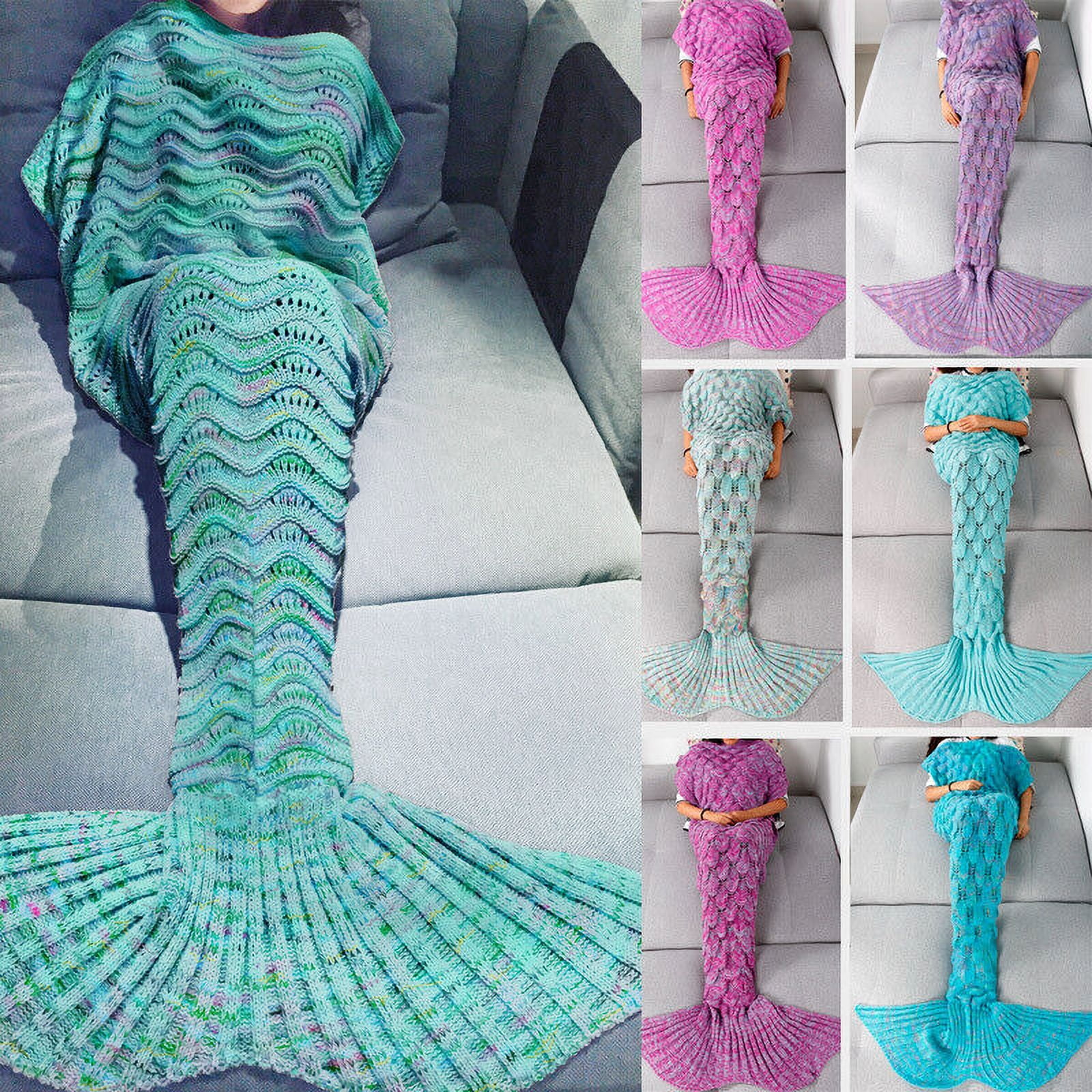Adult Kids Fish Scale Mermaid Tail Blanket Handmade Knit Sofa Crochet Quilt Rug Red 90x50cm