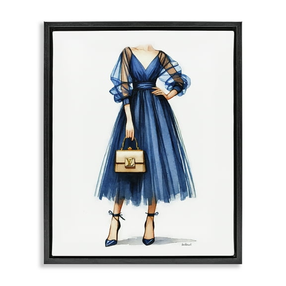 Stupell Industries Blue Gown Fashion Girl Fashion Painting Black Floater Framed Canvas Art Print Wall Art, 17 x 21