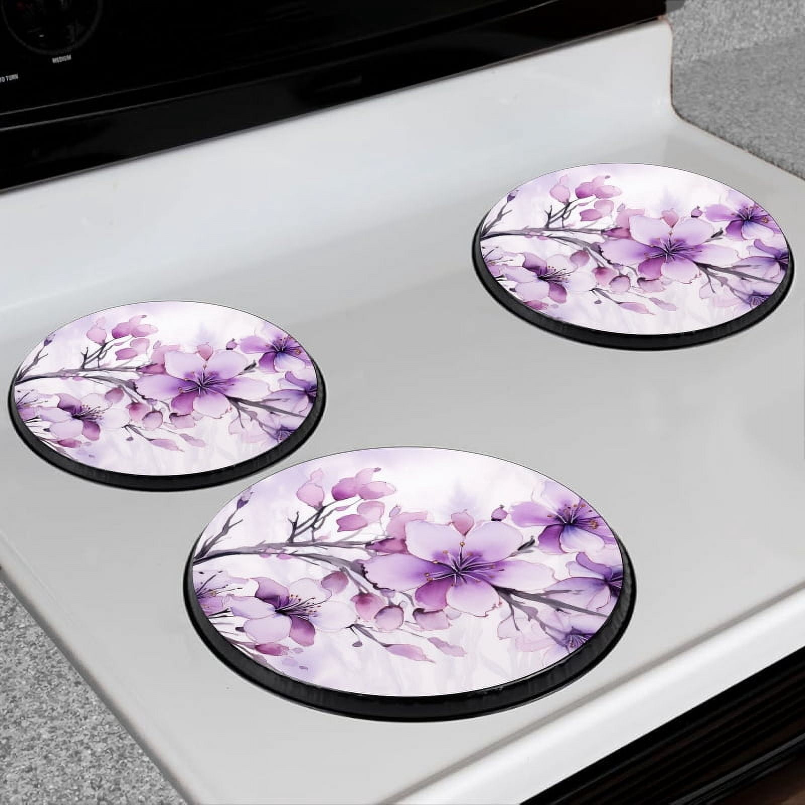 Bahomeck Electric Stove Burner Covers Set Of 4,Purple Cherry Blossoms With Delicate Brush Strokes Against White Background Metal Gas Stove Burner Covers,Protecting Gas Stoves,8 Inch And 10 Inch