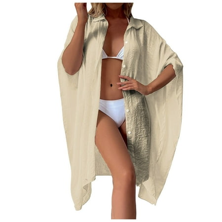 Celivon Womens Swimsuit Cover Up Slub Cotton Summer 3/4 Sleeve Solid Slub Cotton Shirt Loose Beach Cardigan Holiday Sunscreen Bikini Smock Swimsuit Cardigan