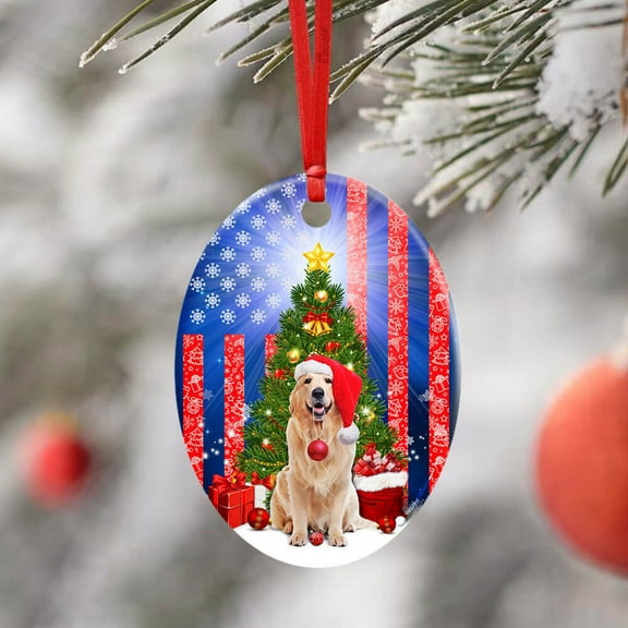 Flagwix Ceramic Christmas Tree Ornaments| Golden Retriever Christmas Hanging Ornament With Ribbon|Christmas Gifts - Oval, 1 Pcs