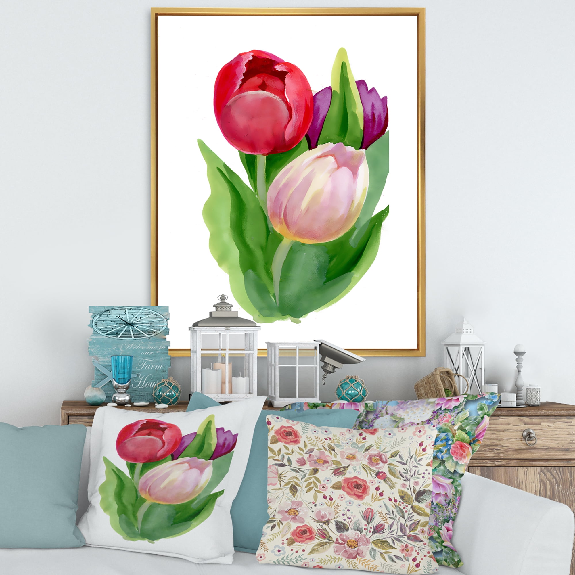 Designart 'Beautiful Tulip Flowers Red and Pink' Traditional Framed Canvas Wall Art Print