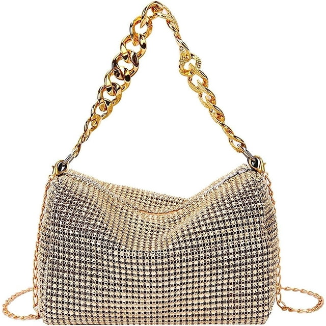 NvziBolso de mano con diamantes de imitación para mujer, con cadena brillante, para noche, para bodas, cócteles, dorado
