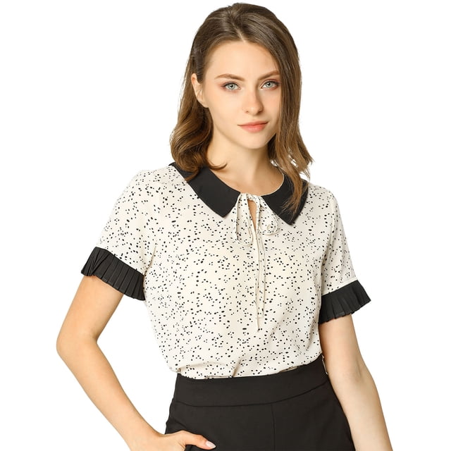 INSPIRE CHIC Hauts Blouses à Pois pour Femmes à Col Claudine Contrastant à Manches Courtes