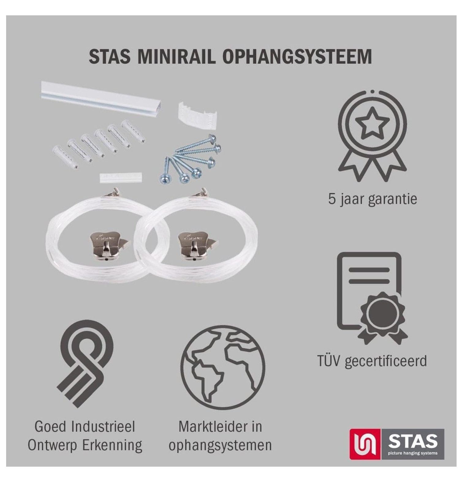 STAS Picture Hanging System minirail White 150 cm - Complete kit, incl. 2 Cords 150cm with