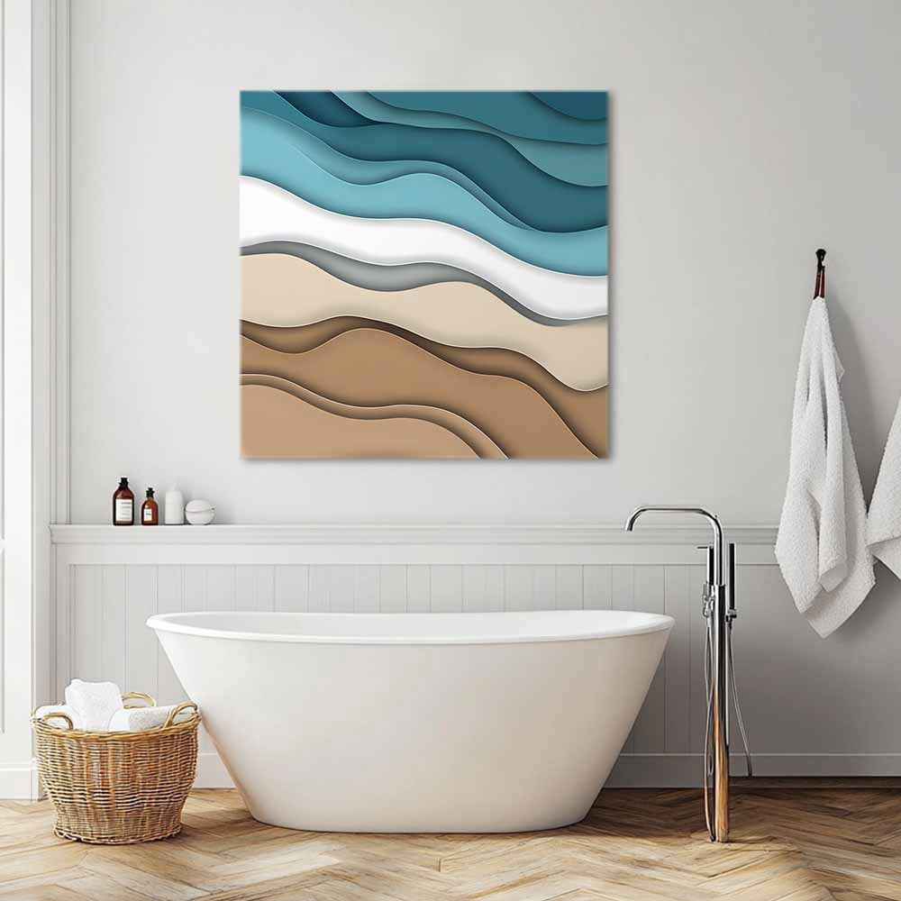 Turquoise Brown Ombre Canvas Wall Art, Turquoise Gradient Abstract Wave Geometric Framed Wall Decor Modern Artwork Prints Painting for Living Room, Bedroom, Kitchen & Cafe Decor 28x28 Inch