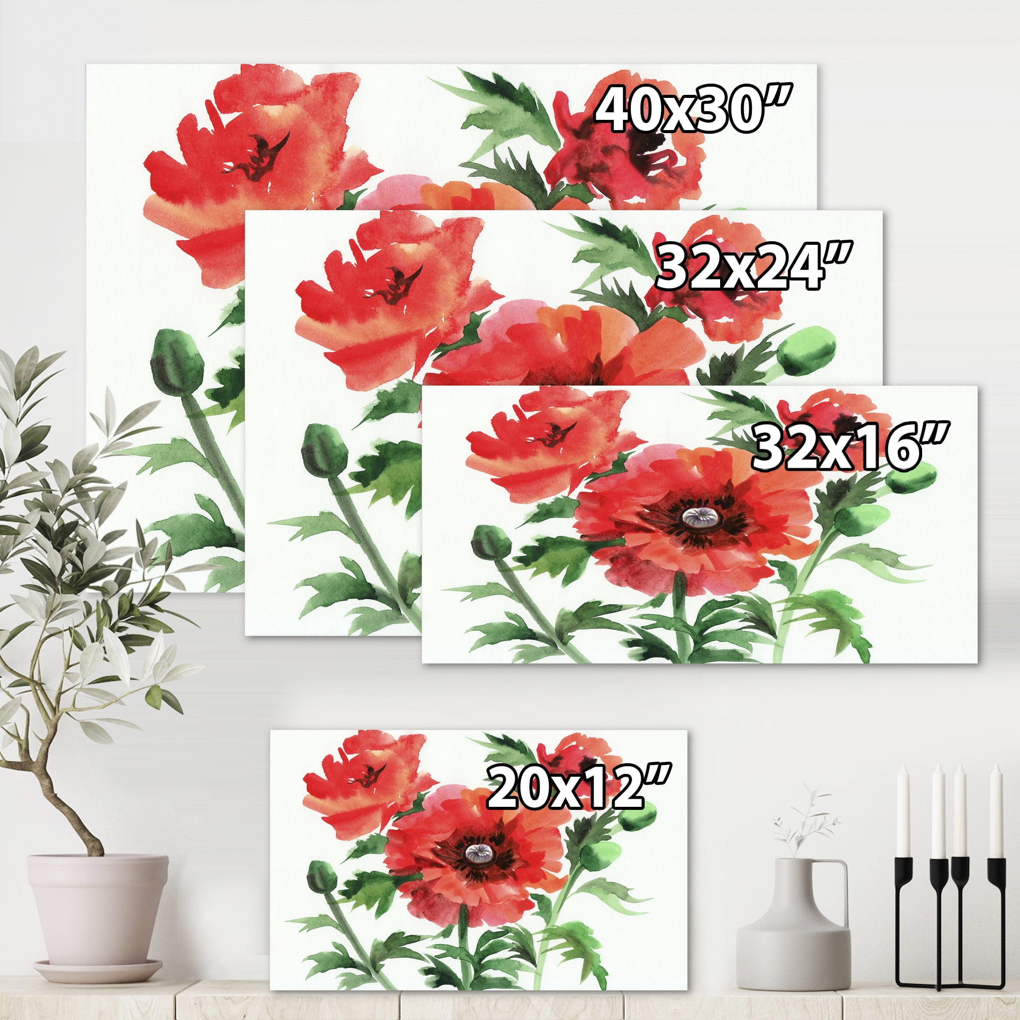Designart ' Ancient Red Poppies II ' Traditional Canvas Wall Art Print
