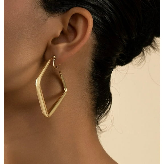 Clip on 2 1/4" shiny gold square open back hoop earrings