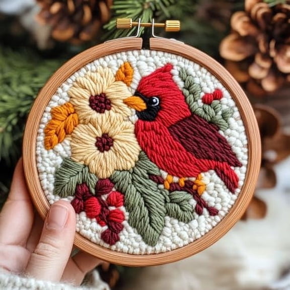 DIY Punch Needle Kits for Beginners Christmas Flowers and Cardinal Bird with Hoop Embroidery Punch Needle Starter Craft Set Easy for Adults and Children Festival Gift and Decoration 20x20cm-7
