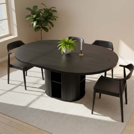 Advwin 59" Extendable Round Dining Table for 4–8, Modern Wood Oval Kitchen Table with Storage Shelf, Space-Saving Expandable Circle Dinner Table for Dining Room, Black