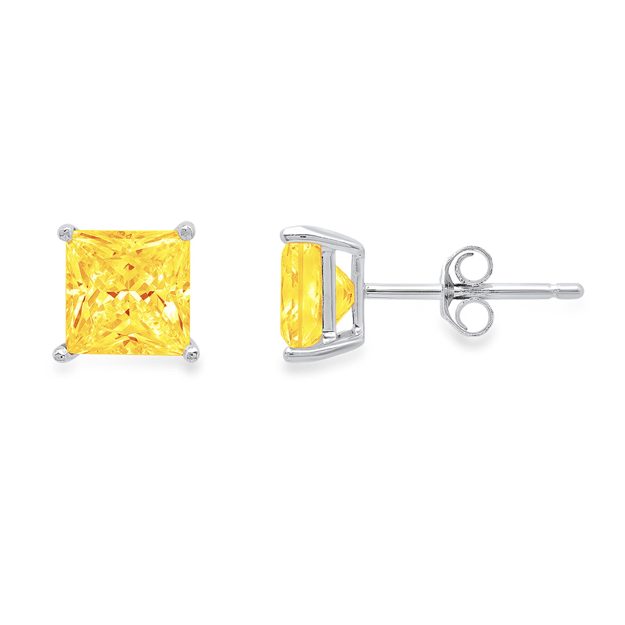 14K White Gold Plated Silver Sapphire Canary Yellow Round Stud Earrings 4mm-6mm