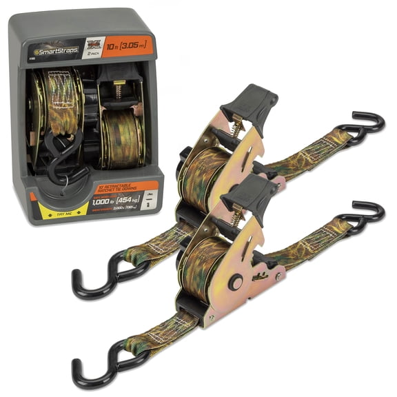 SmartStraps 1.5" x 10ft Retractable Ratchet Tie Down Straps, Camo, 2 Pack - 1,000lb SWL