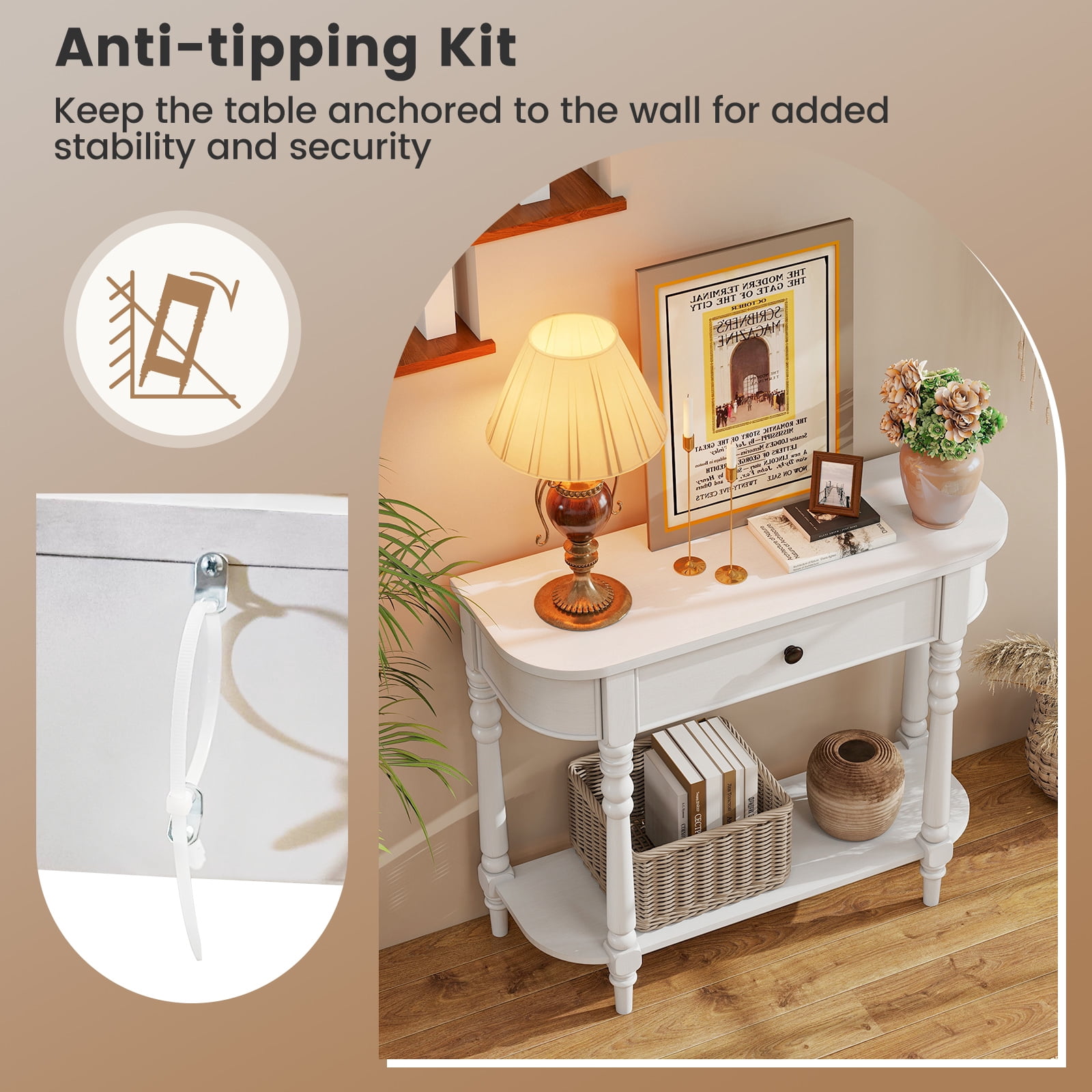 Gymax Retro Console Table 36''L Wooden Entryway Table w/ Storage Drawer & Open Shelf White