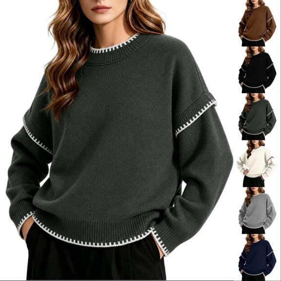 Tqcoqu Sweaters for Women Crewneck Long Sleeve Contrast Cable Knit Tops, Solid Loose Fit Casual Pullover Sweaters, Oversized Stitching Fall Clothes Outfits