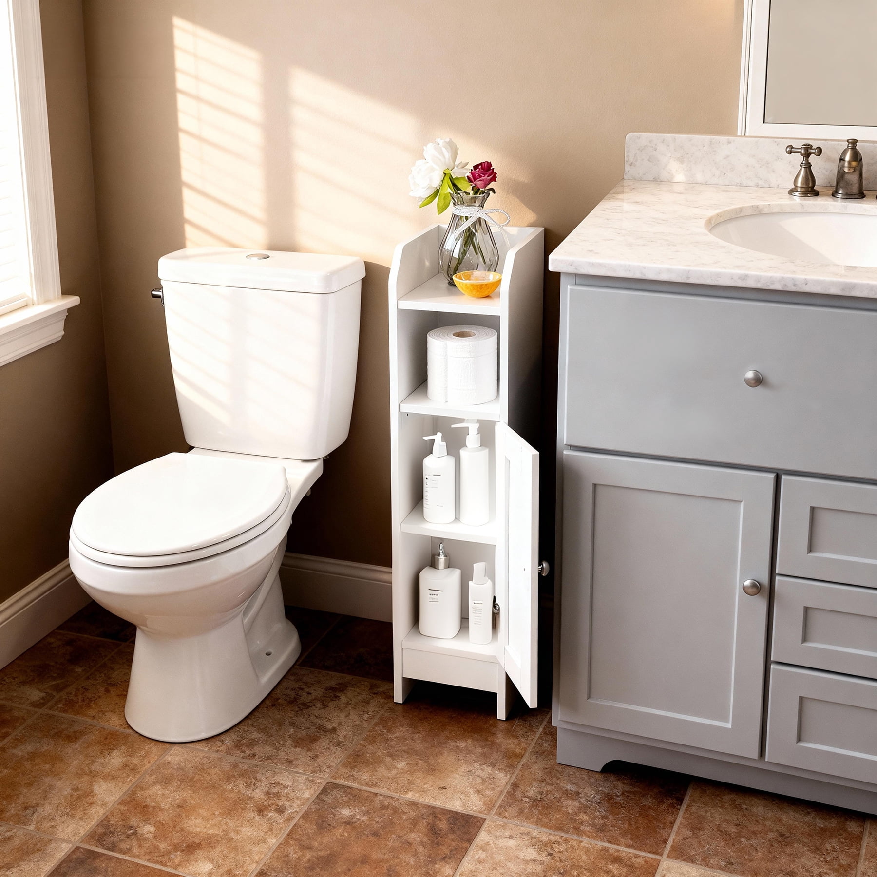 SuperDeal Bathroom Cabinet Slim Storage Cabinet with Adjustable Shelves Freestanding Floor Cabinet White