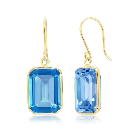 Gem Stone King 14K Yellow Gold London Blue Topaz Dangle French Wire Earrings For Women (17.00 Cttw, Emerald Cut, Gemstone Birthstone)