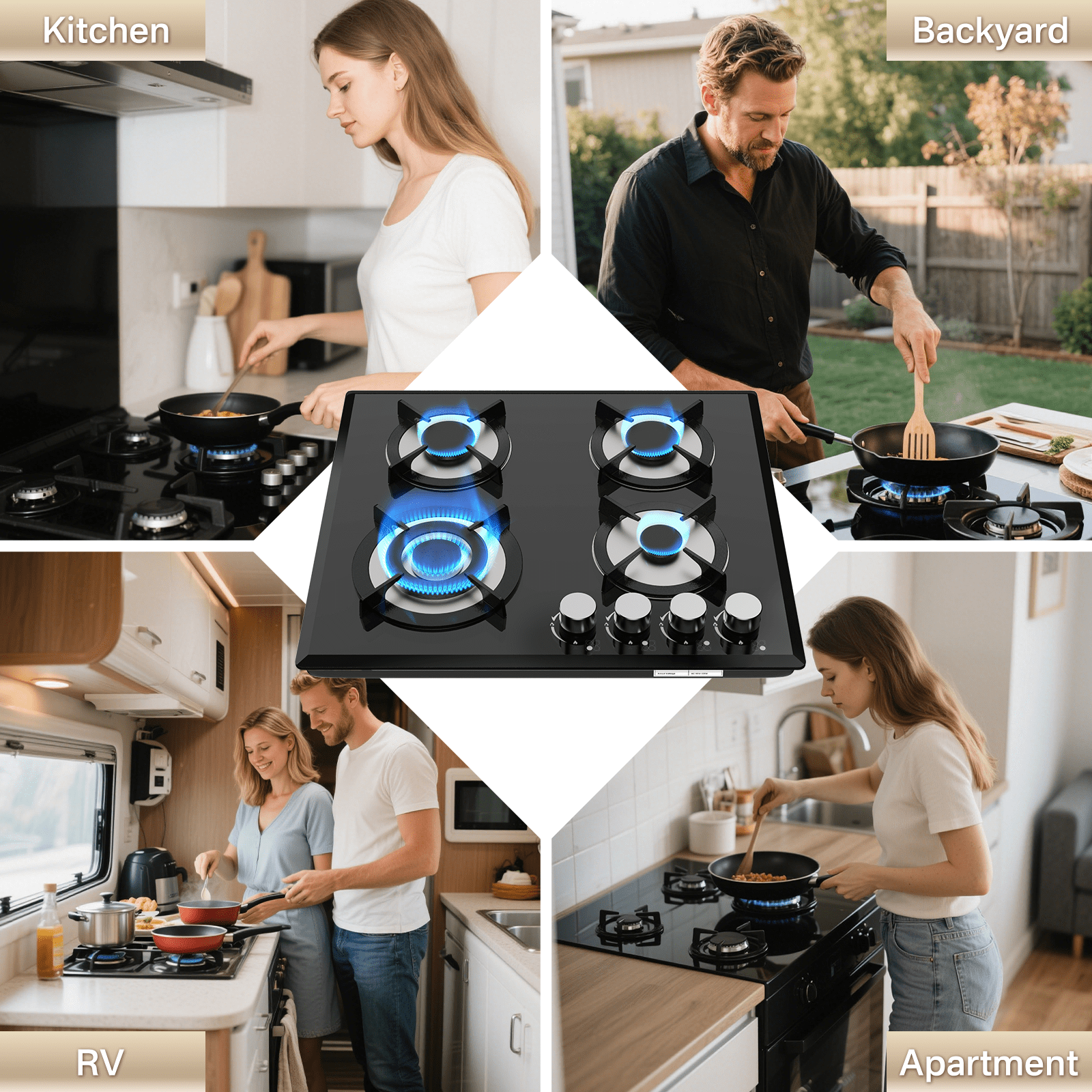 TYEMUI 4 Burners 24 inch Gas Stove Top, Built-in Glass Gas Cooktop Propane Neutral Gas Convertible Stovetop, NG/LPG Dual Fuel Stovetop for Home, RVs