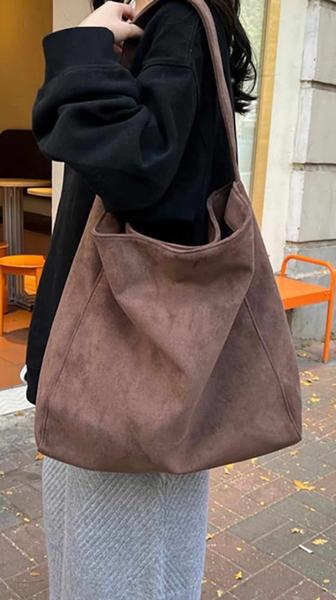 Lohol Large Suede Tote Bag For Women Slouchy Shoulder Bags Suede Purses Women’s Satchel Bag Work Handbag Crescent Bag Travel Winter(Coffee)