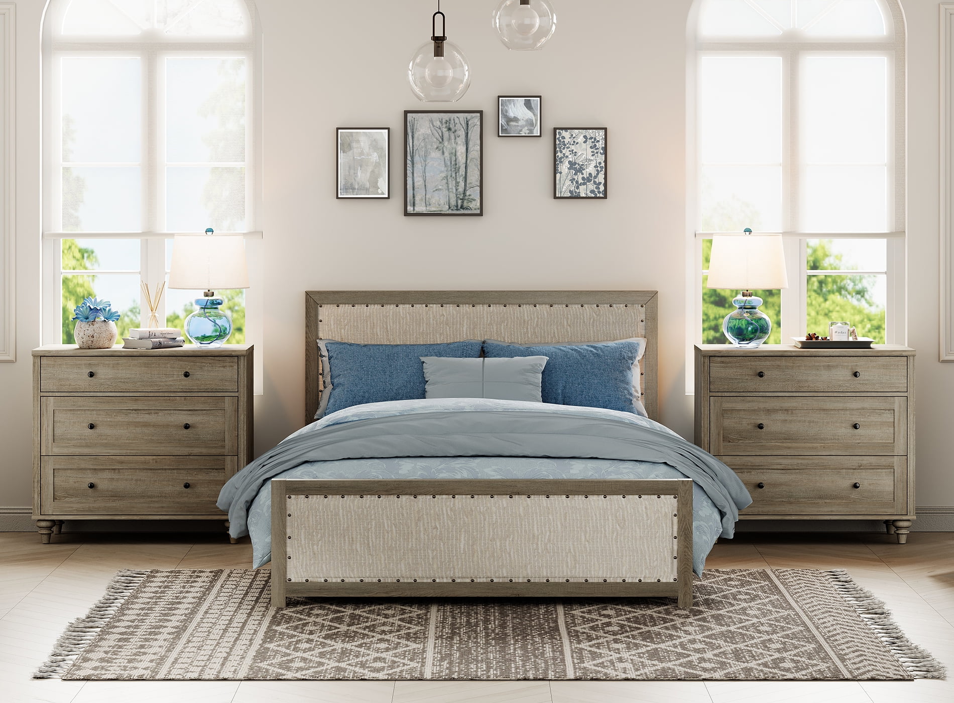 Farmhouse Nightstand with 3 Drawers, Set of 2 Large 3 Drawers Wood Bedside Table Night Stand, Wide Sofa Side End Table Chest of Dresser for Living Room, Bedroom, Grey, 34 inch