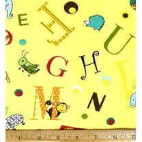 1 Fat Quarter - ABCs & Baby Animals on Yellow Cotton Fabric - 21" X 18"
