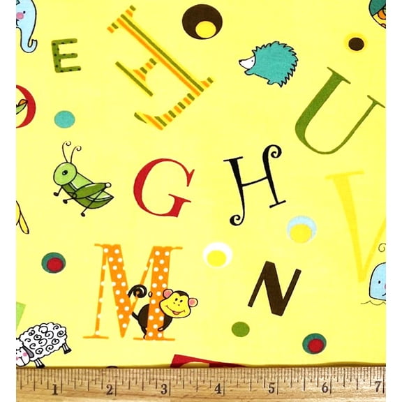 1 Fat Quarter - ABCs & Baby Animals on Yellow Cotton Fabric - 21" X 18"