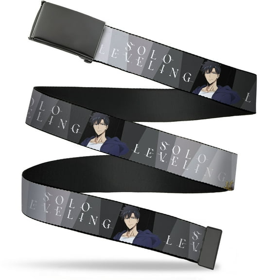 Adjustable Belt, Clamp Buckle, Cut-to-Fit, Solo Leveling Jinwoo and Hae In Poses and Logo Grays White