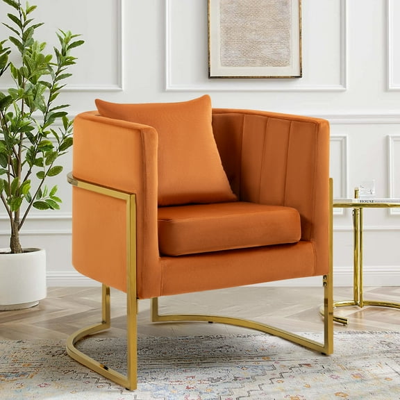 Velvet Accent Barrel Chairs, Modern Arm Club Chair with Pillow for Living Room / Bedroom / Guest Reception, Channel Tufted, Gold Finish Base, Orange