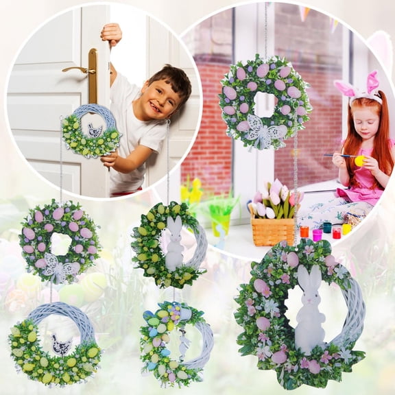 CoreLiving Easter Bunny Wreath Ornaments for Tree Hanging Felt Bunny Decorations with Flocked Easter Eggs and Spring Flowers for Home Wall Window Farmhouse Decor