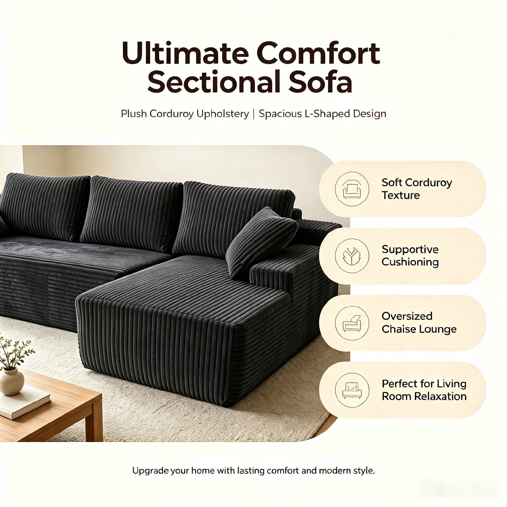 Howcool 96" L‑Shaped Modular Sectional Sofa with Deep Seat Chaise,Corduroy 3‑Seat Boneless Cloud Couch,Compressed Sofa for Living Room,No Assembly Required,Right Facing,Gray