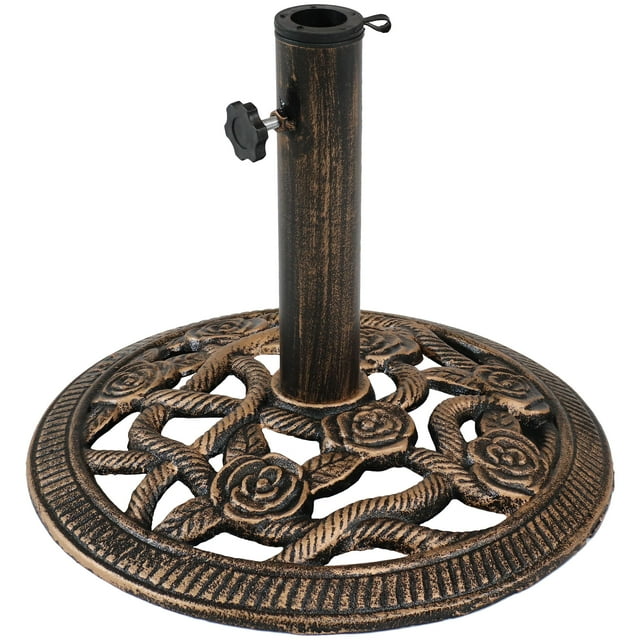 Sunnydaze Support de Base Rond pour Parasol d'Extérieur en Fonte Robuste Décorative Motif de Fleur de Rose pour Patio et Cour - 16 Pouces - Bronze