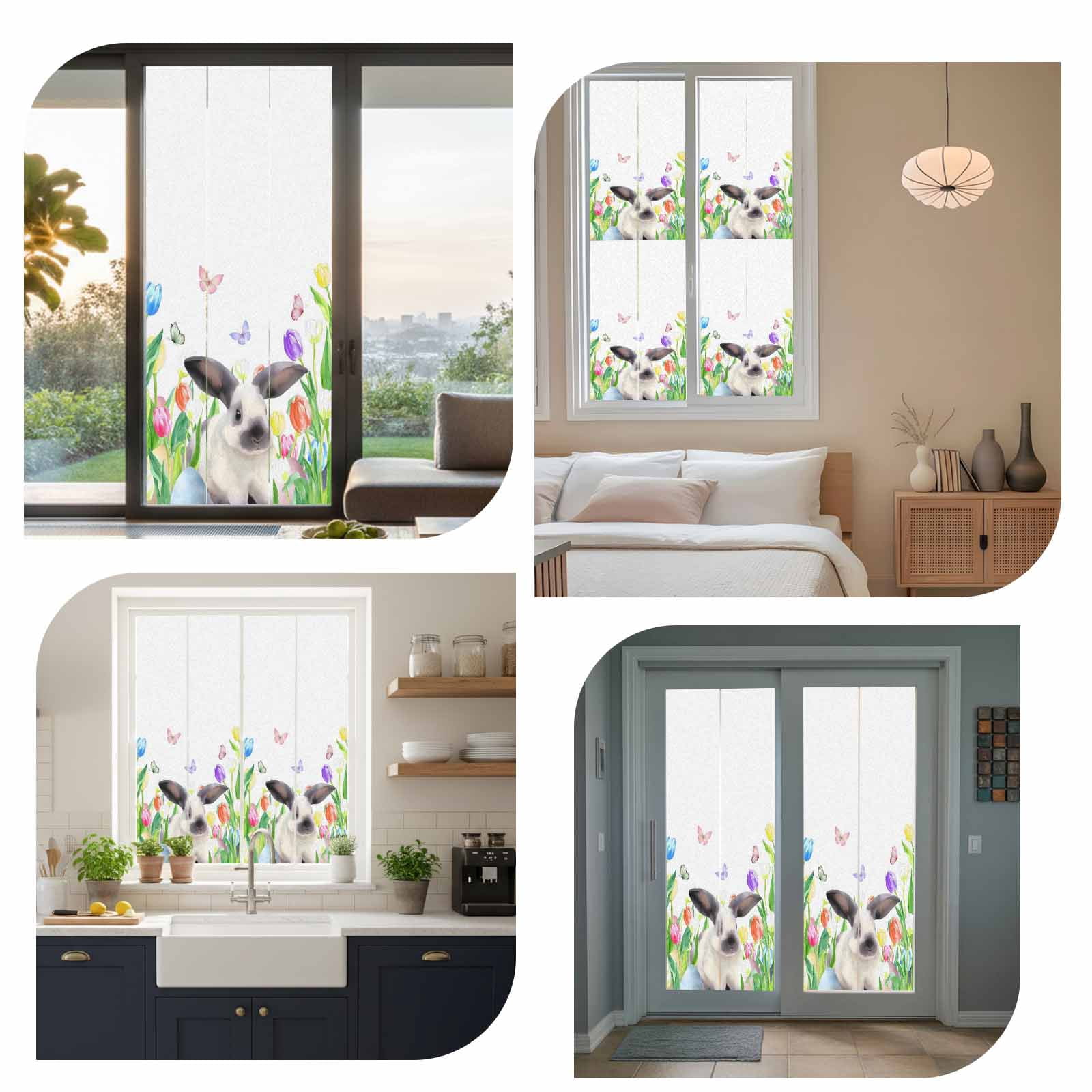 Easter Window Privacy Film, Watercolor Spring Rabbit Floral Eggs Butterfly Frosted Glass Window Clings Static Cling UV Heat Blocking Reusable Door Sticker for Bathroom 23.6 x 59 Inch