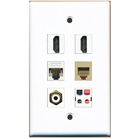 RiteAV - 2 HDMI 1 Port RCA White 1 Port Phone RJ11 RJ12 Beige 1 Port Cat5e Ethernet White 1 Port Speaker Wall Plate
