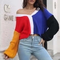 thumbnail image 2 of Pompotops And Winter Women's Patchwork Color Button V-Neck Long Sleeve Top Blouse Clearance, 2 of 6
